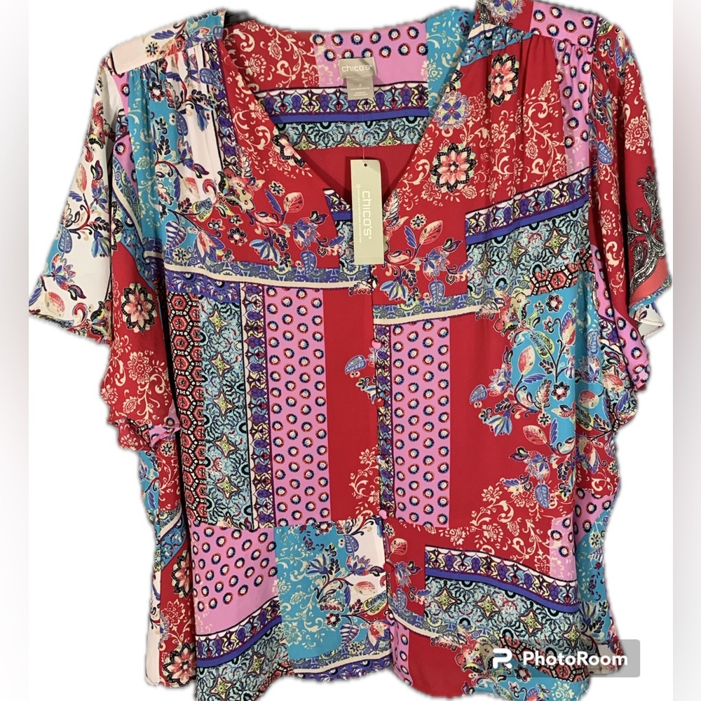 Women’s Chico blouse size 3 US size 16.flutter style sleeve. Patchwork print.